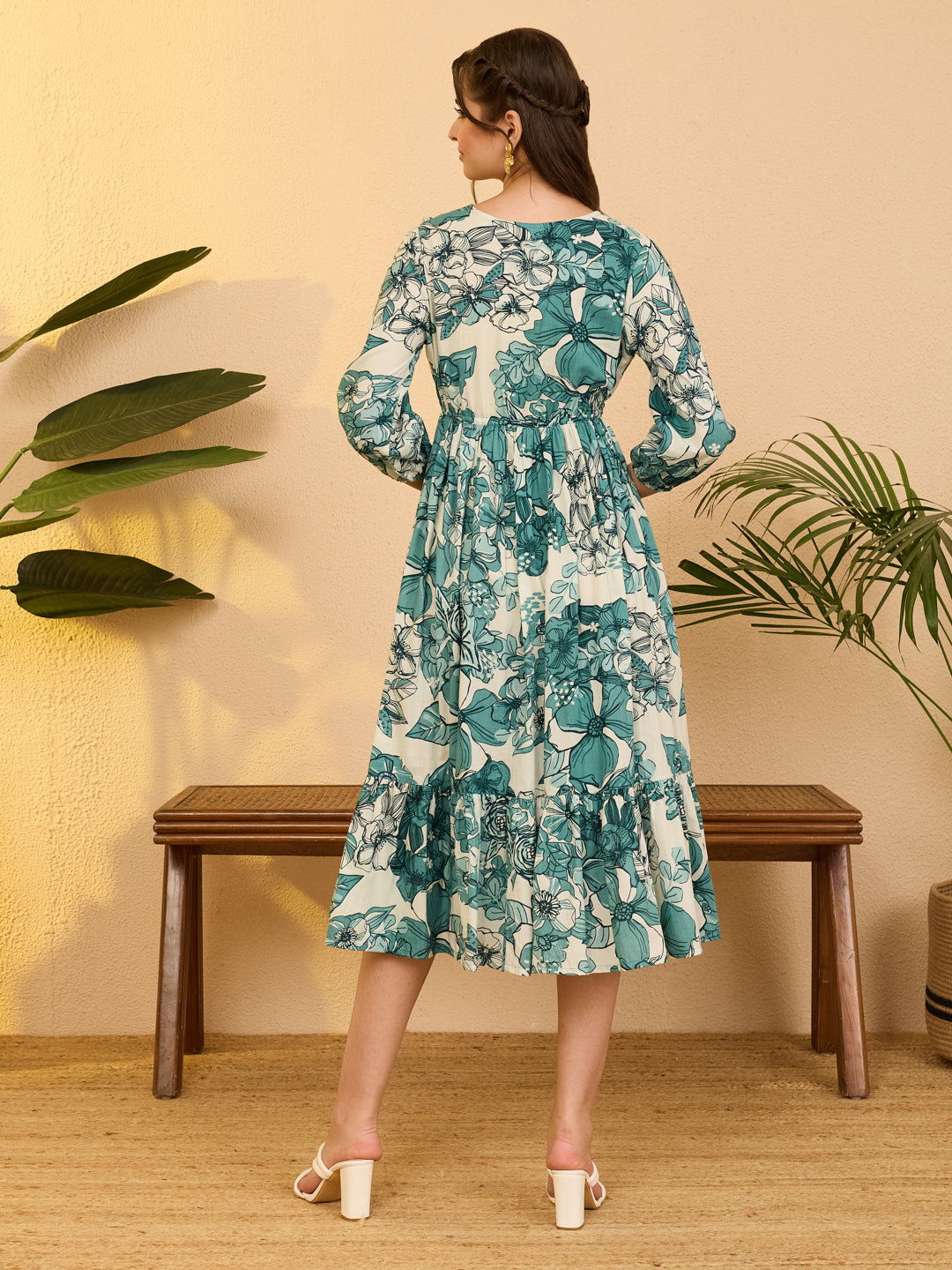 Janasya Women's Off White Pure Cotton Floral Printed Fit & Flare Dress
