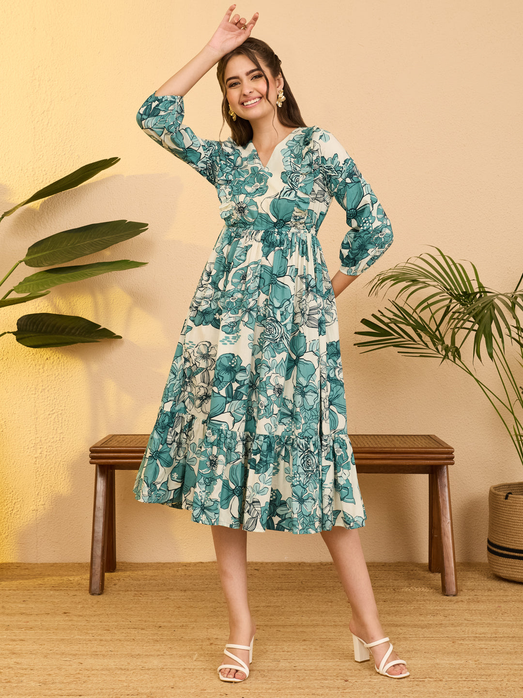 Janasya Women's Off White Pure Cotton Floral Printed Fit & Flare Dress
