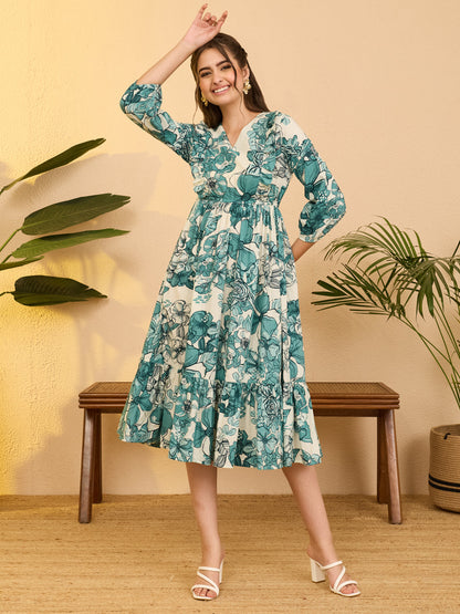 Janasya Women's Off White Pure Cotton Floral Printed Fit & Flare Dress
