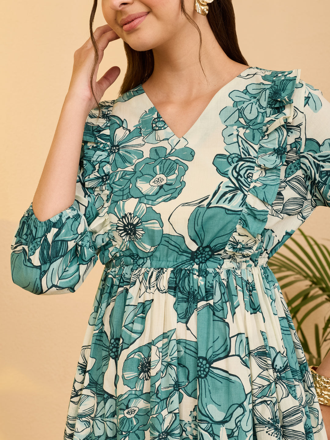 Janasya Women's Off White Pure Cotton Floral Printed Fit & Flare Dress