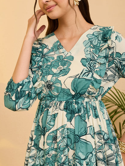 Janasya Women's Off White Pure Cotton Floral Printed Fit & Flare Dress