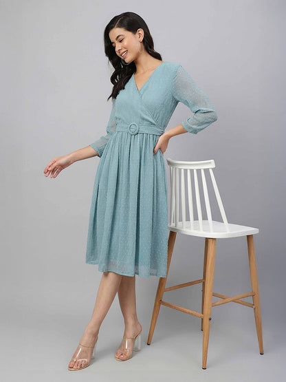 Janasya Women's Aqua Green Dobby Chiffon Solid Fit & Flare Dress