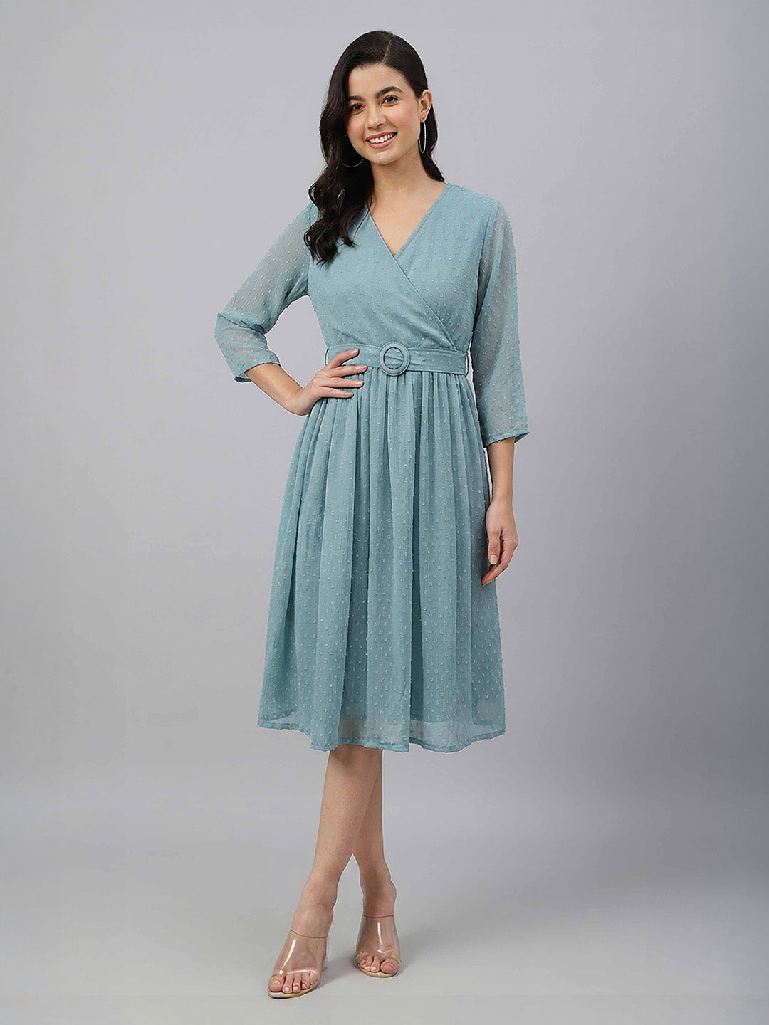Janasya Women's Aqua Green Dobby Chiffon Solid Fit & Flare Dress