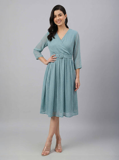 Janasya Women's Aqua Green Dobby Chiffon Solid Fit & Flare Dress