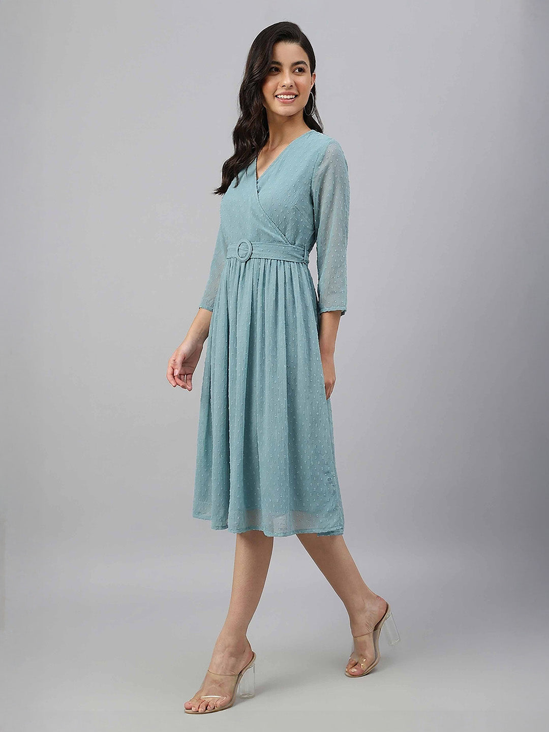 Janasya Women's Aqua Green Dobby Chiffon Solid Fit & Flare Dress