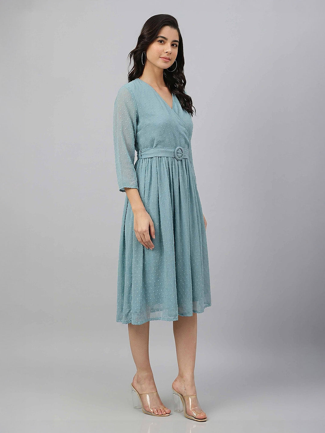 Janasya Women's Aqua Green Dobby Chiffon Solid Fit & Flare Dress