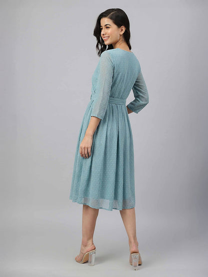 Janasya Women's Aqua Green Dobby Chiffon Solid Fit & Flare Dress
