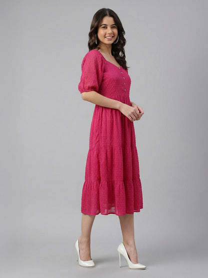 Janasya Women's Magenta Dobby Chiffon Solid Tiered Dress