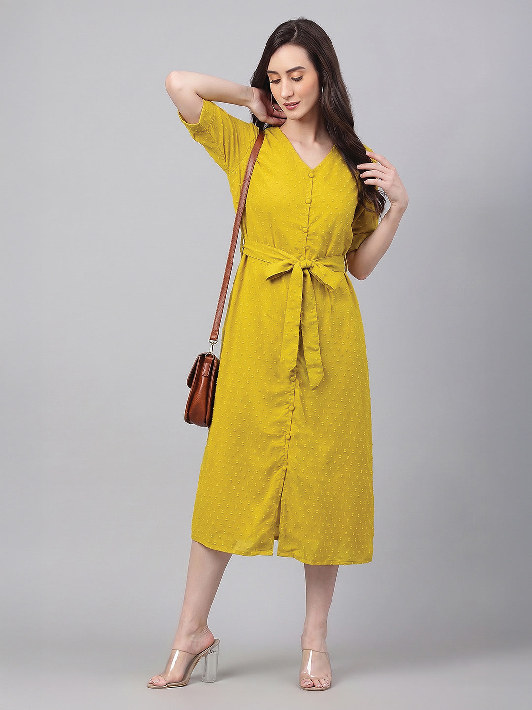 Janasya Women's Lime Dobby Chiffon Self Design A-Line Tie Up Dress