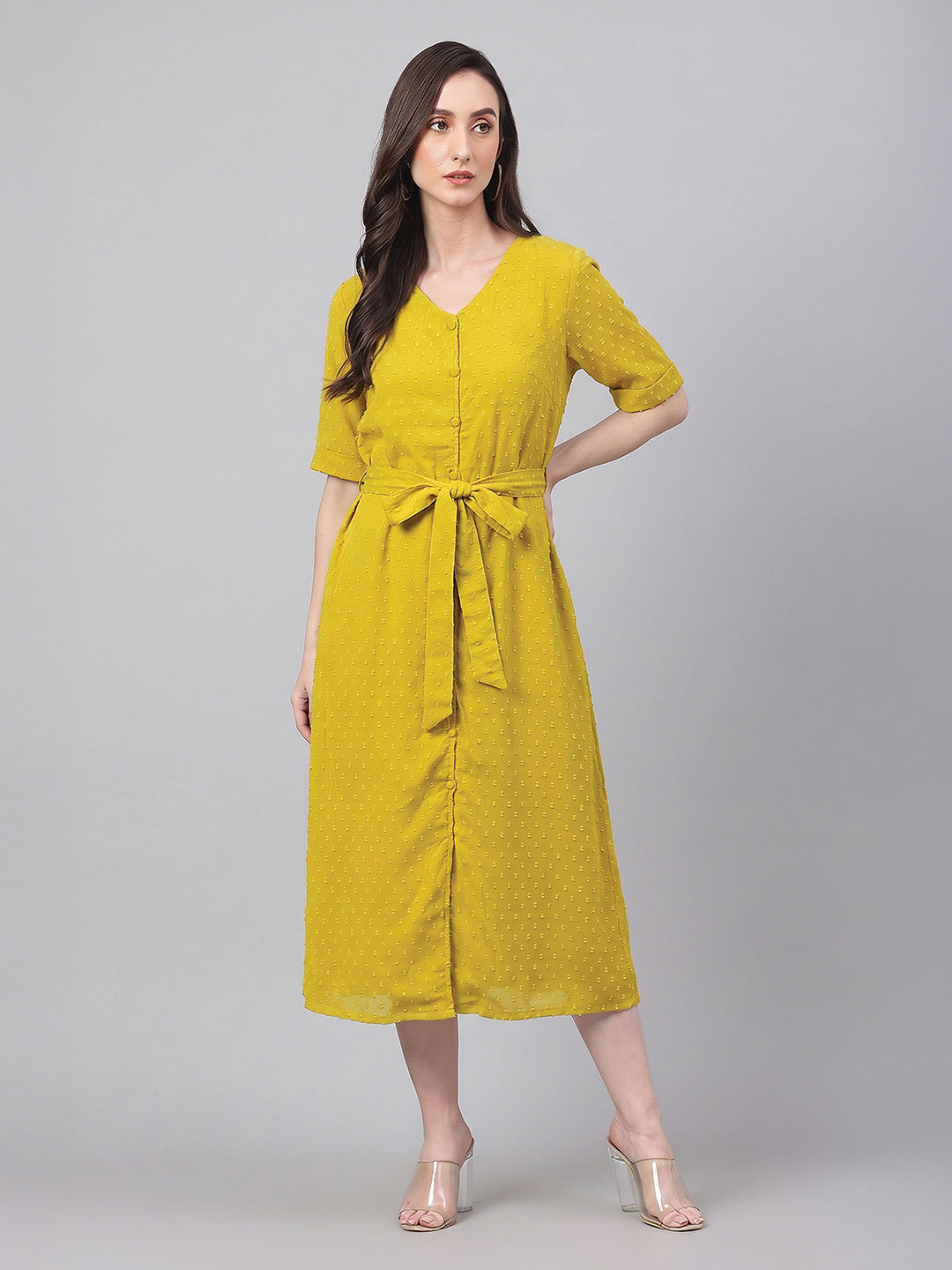 Janasya Women's Lime Dobby Chiffon Self Design A-Line Tie Up Dress