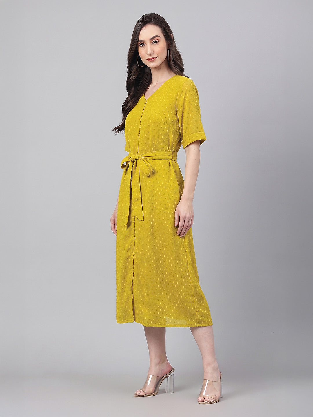 Janasya Women's Lime Dobby Chiffon Self Design A-Line Tie Up Dress