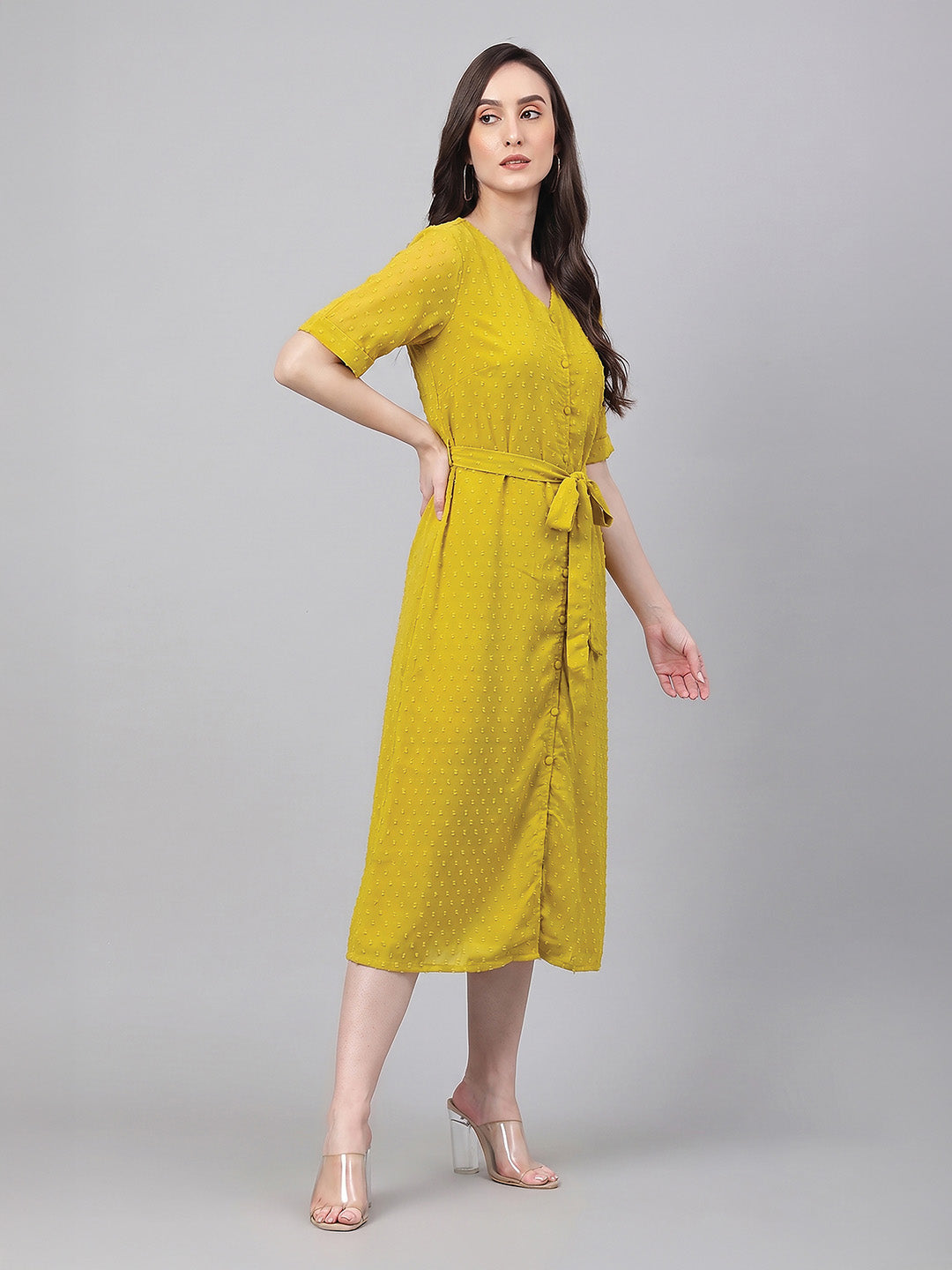 Janasya Women's Lime Dobby Chiffon Self Design A-Line Tie Up Dress