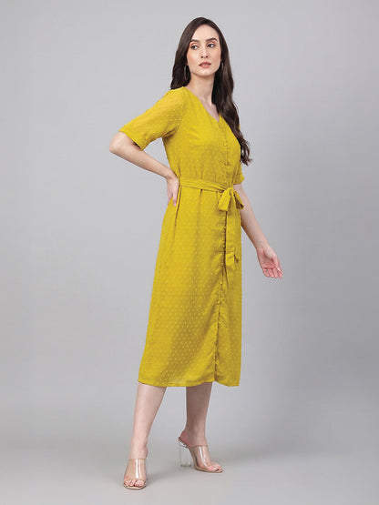 Janasya Women's Lime Dobby Chiffon Self Design A-Line Tie Up Dress