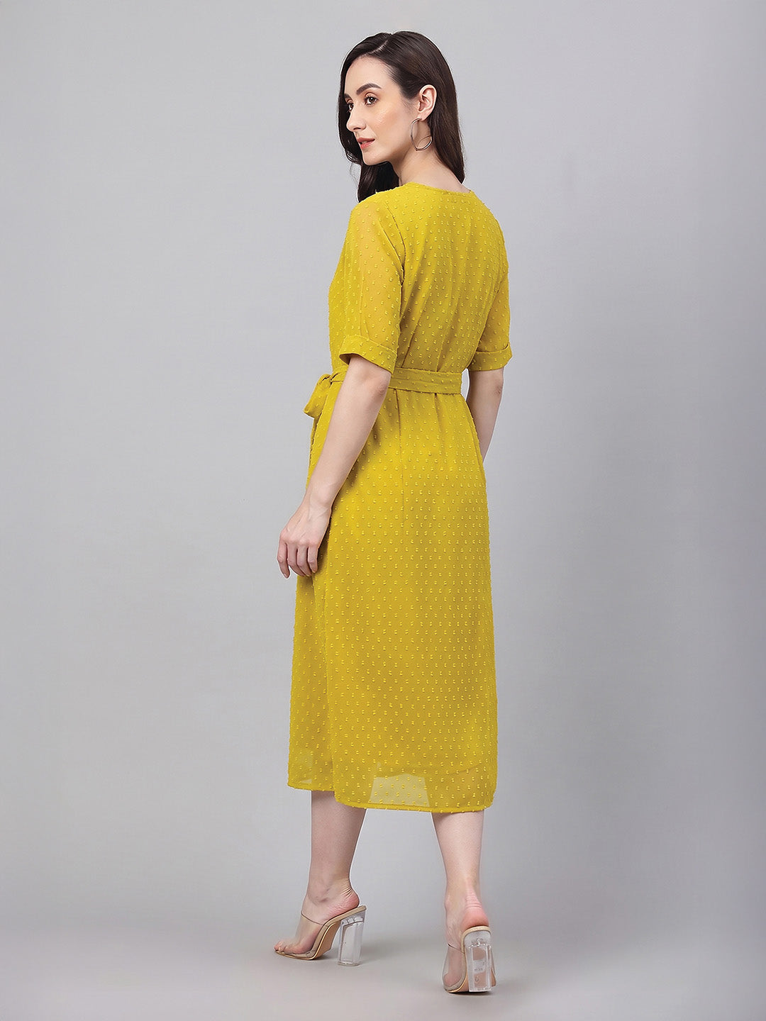 Janasya Women's Lime Dobby Chiffon Self Design A-Line Tie Up Dress