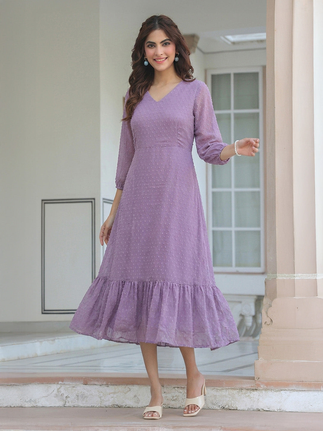 Janasya Women's Lavender Dobby Chiffon Solid A-Line Dress