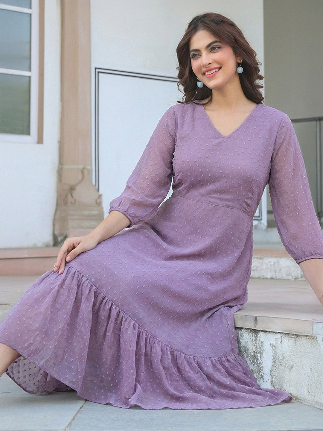 Janasya Women's Lavender Dobby Chiffon Solid A-Line Dress