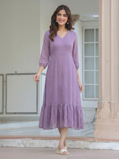 Janasya Women's Lavender Dobby Chiffon Solid A-Line Dress
