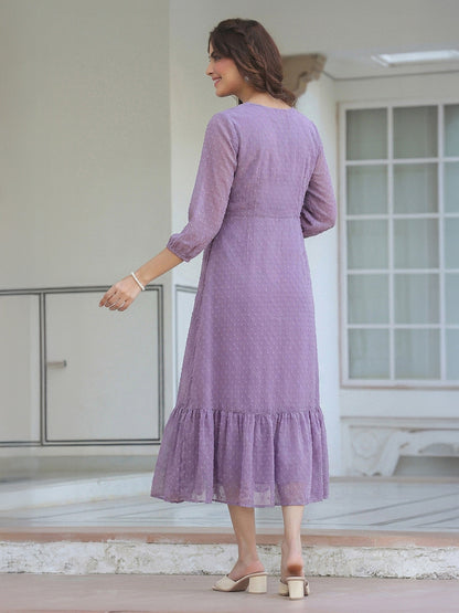Janasya Women's Lavender Dobby Chiffon Solid A-Line Dress