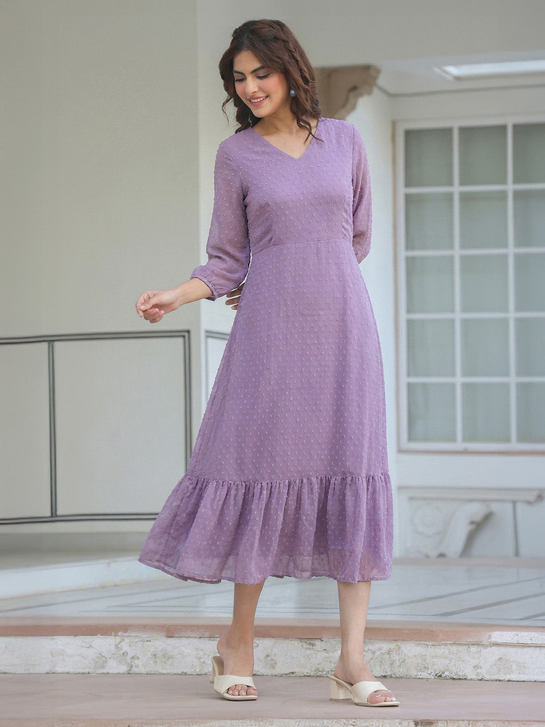 Janasya Women's Lavender Dobby Chiffon Solid A-Line Dress