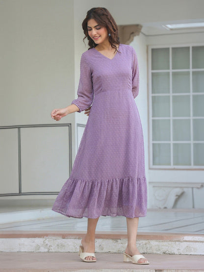 Janasya Women's Lavender Dobby Chiffon Solid A-Line Dress