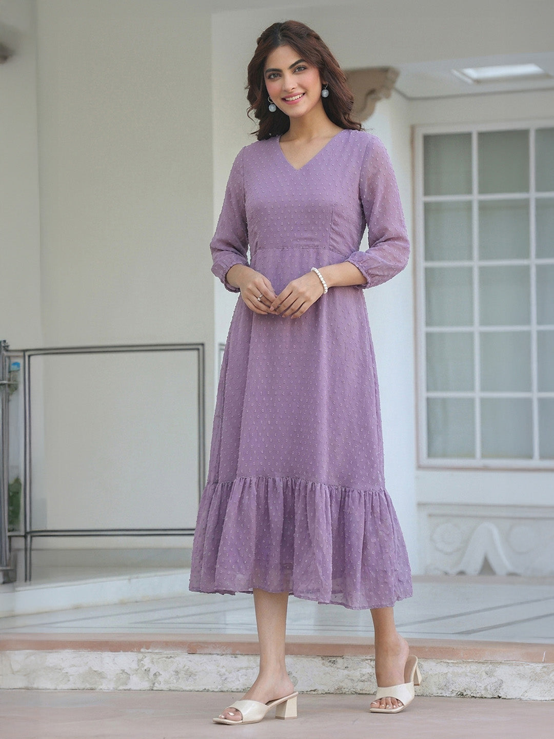 Janasya Women's Lavender Dobby Chiffon Solid A-Line Dress