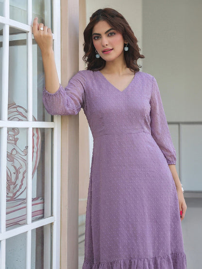 Janasya Women's Lavender Dobby Chiffon Solid A-Line Dress