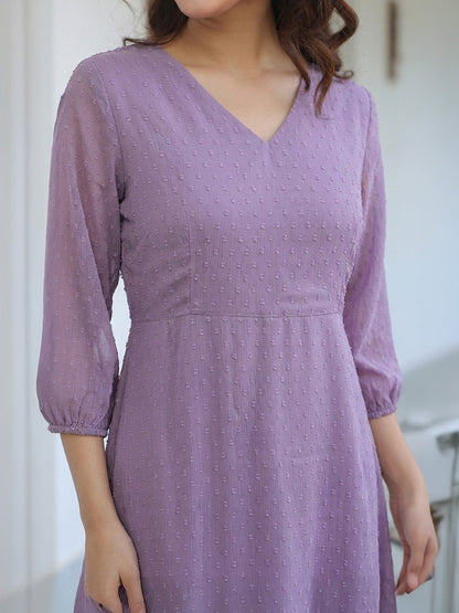 Janasya Women's Lavender Dobby Chiffon Solid A-Line Dress