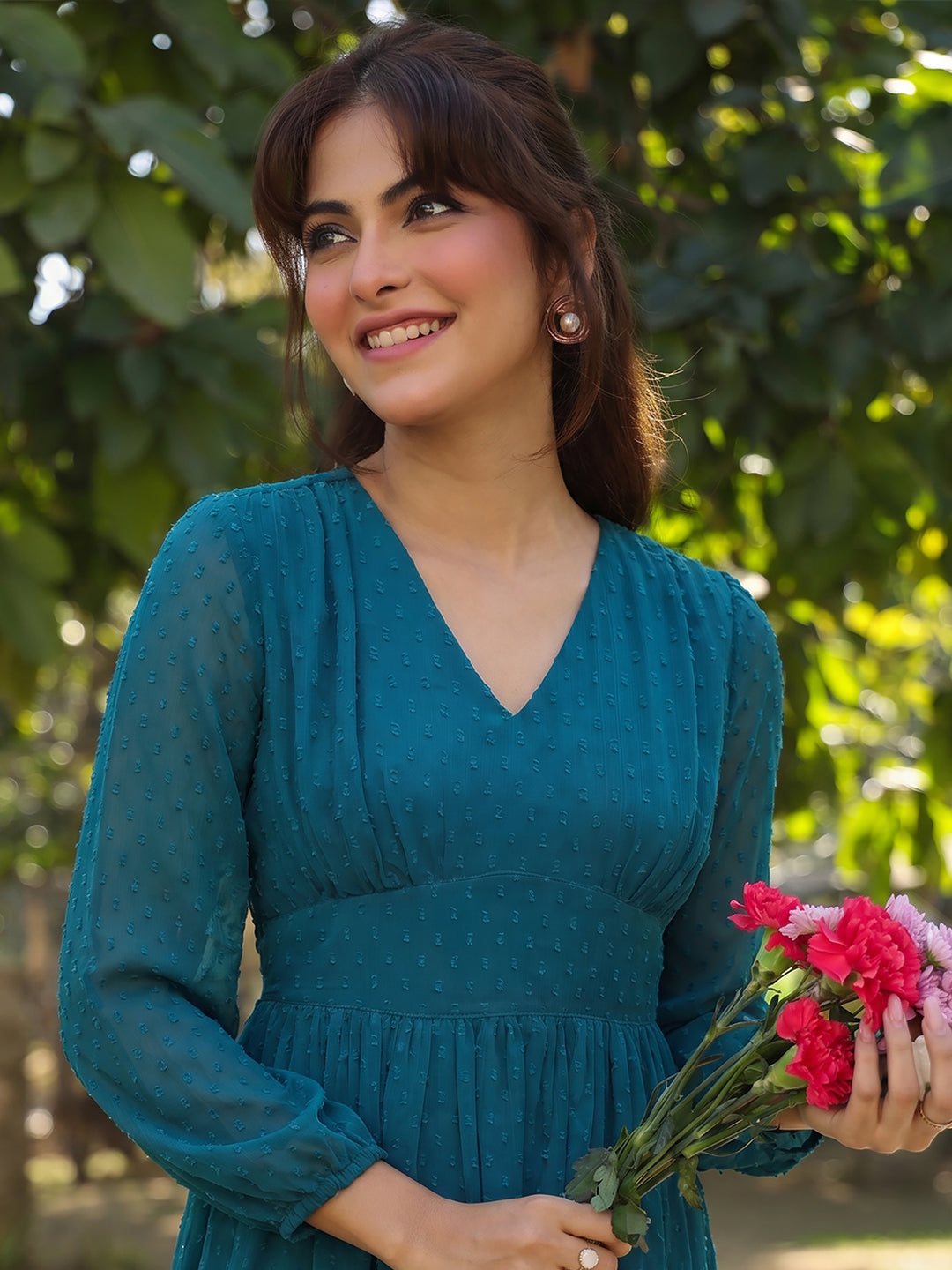 Janasya Women's Teal Blue Dobby Chiffon Self Design Fit & Flare Dress