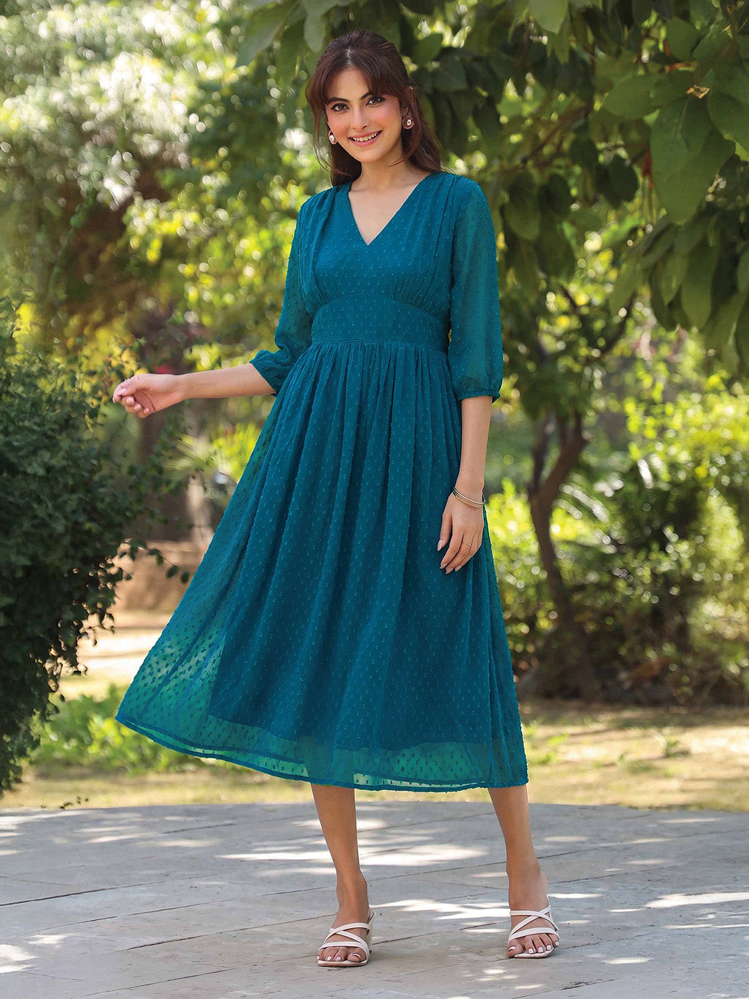 Janasya Women's Teal Blue Dobby Chiffon Self Design Fit & Flare Dress