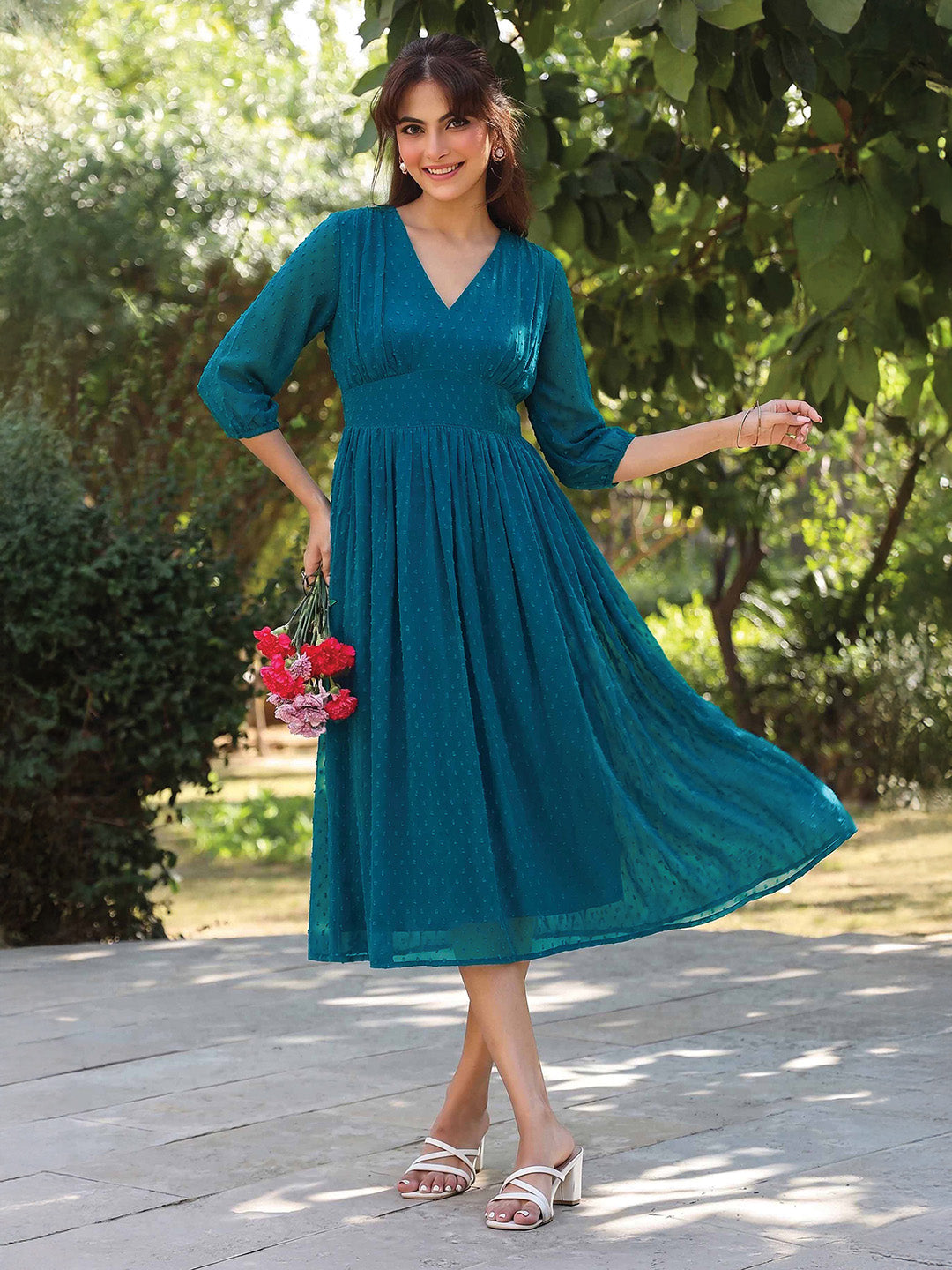 Janasya Women's Teal Blue Dobby Chiffon Self Design Fit & Flare Dress