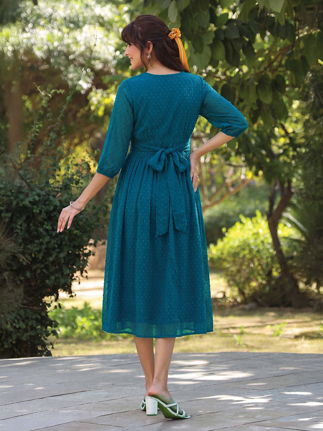 Janasya Women's Teal Blue Dobby Chiffon Self Design Fit & Flare Dress