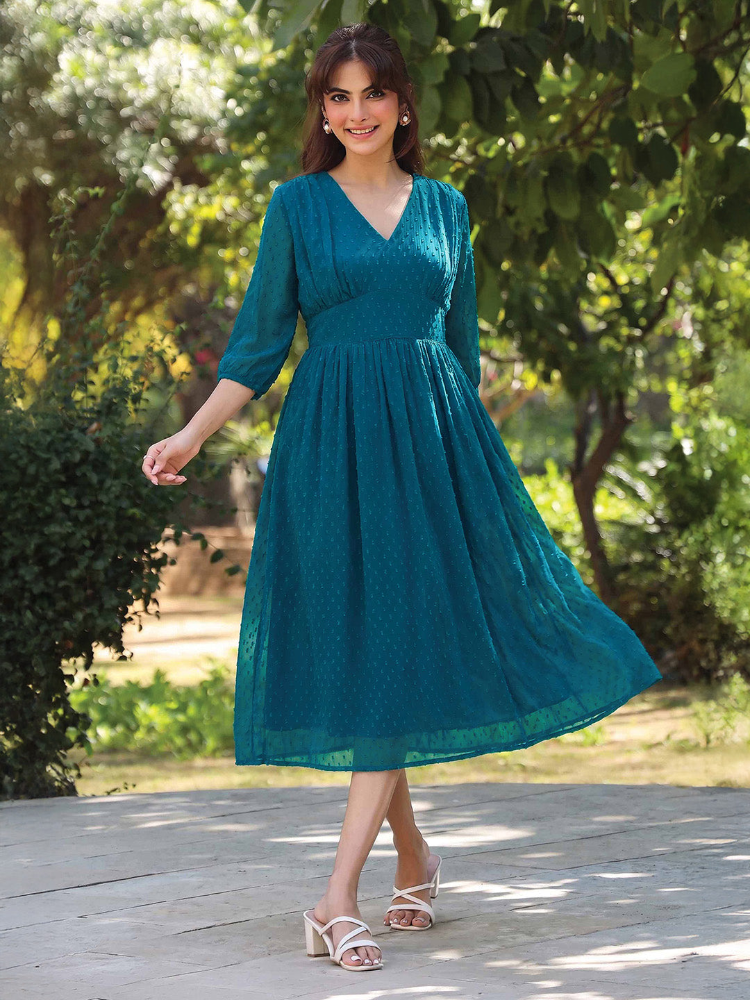Janasya Women's Teal Blue Dobby Chiffon Self Design Fit & Flare Dress