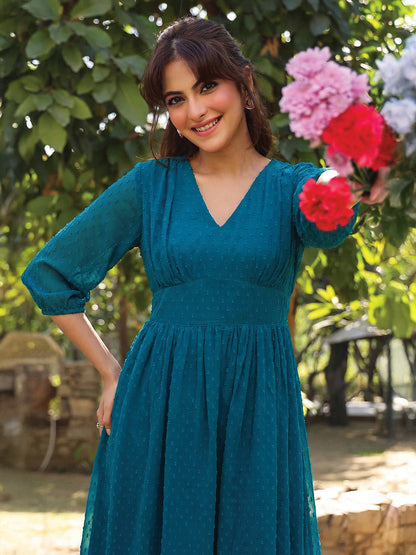 Janasya Women's Teal Blue Dobby Chiffon Self Design Fit & Flare Dress