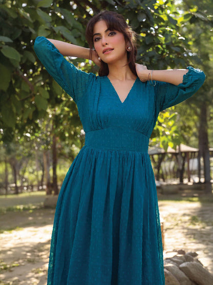 Janasya Women's Teal Blue Dobby Chiffon Self Design Fit & Flare Dress