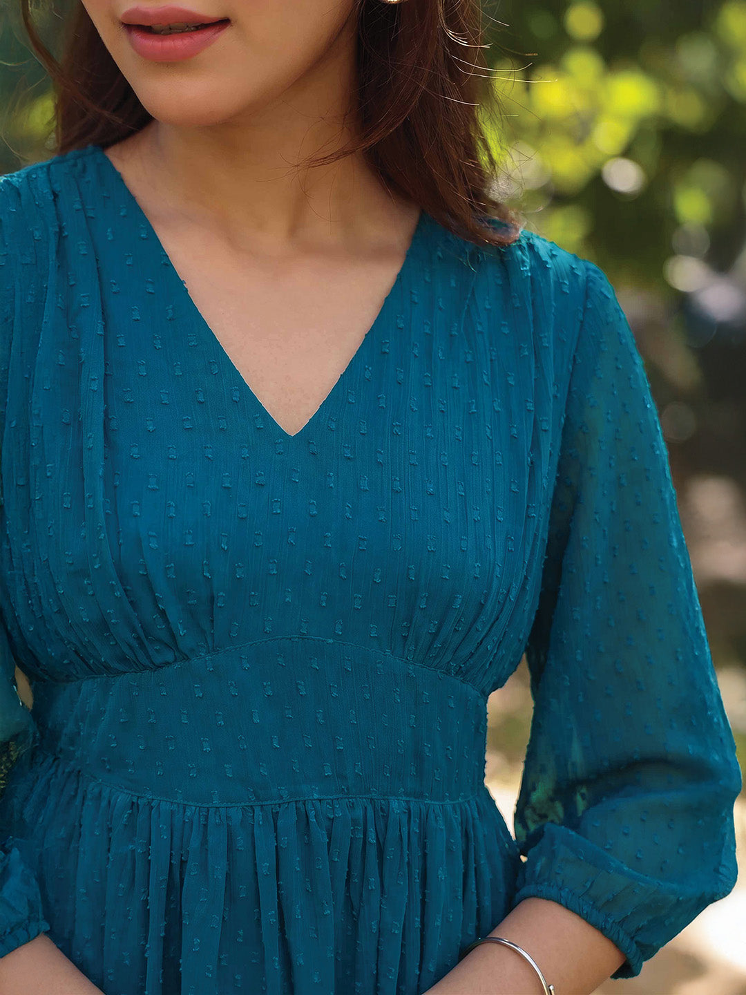 Janasya Women's Teal Blue Dobby Chiffon Self Design Fit & Flare Dress