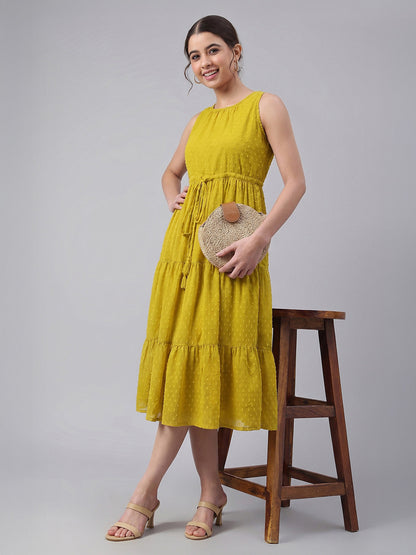 Janasya Women's Lime Dobby Chiffon Solid Tiered Dress