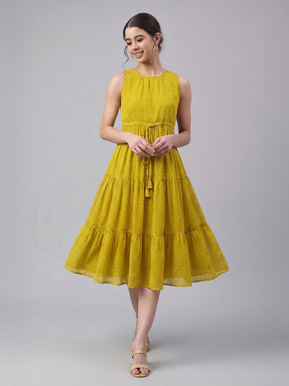 Janasya Women's Lime Dobby Chiffon Solid Tiered Dress