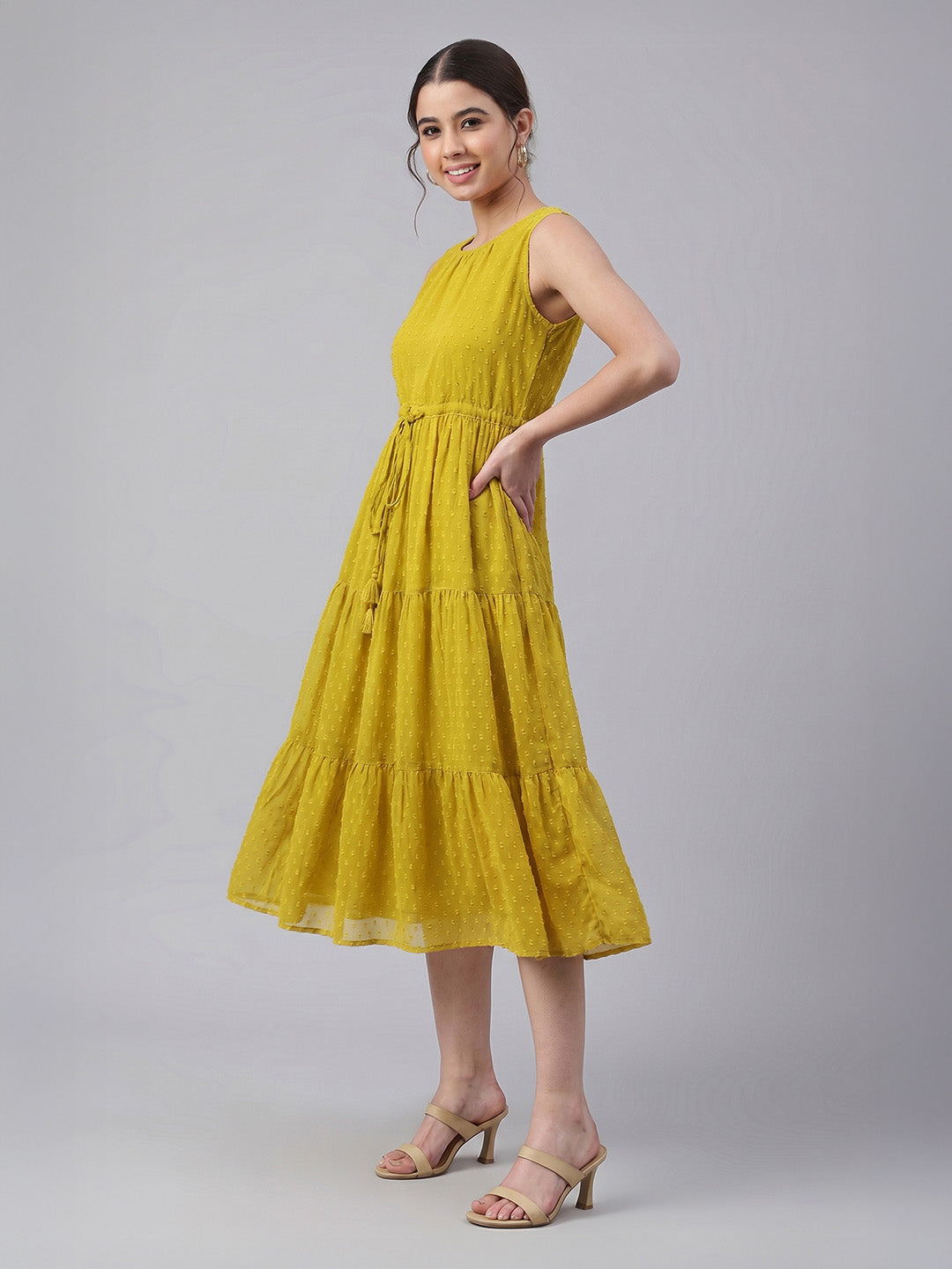 Janasya Women's Lime Dobby Chiffon Solid Tiered Dress