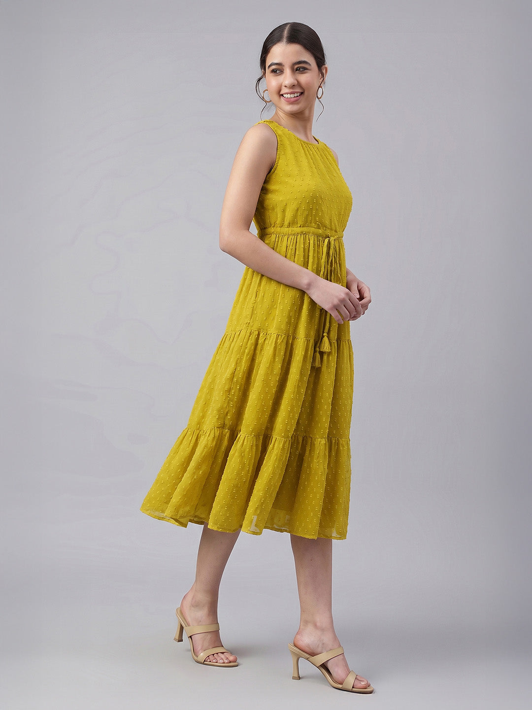 Janasya Women's Lime Dobby Chiffon Solid Tiered Dress
