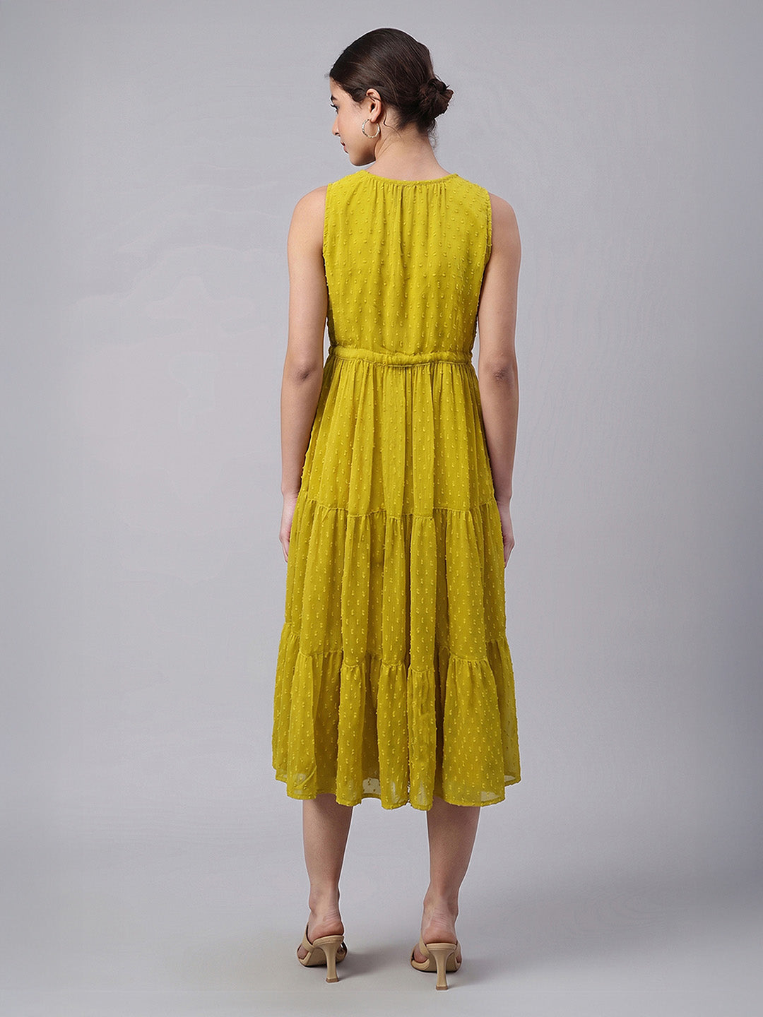 Janasya Women's Lime Dobby Chiffon Solid Tiered Dress