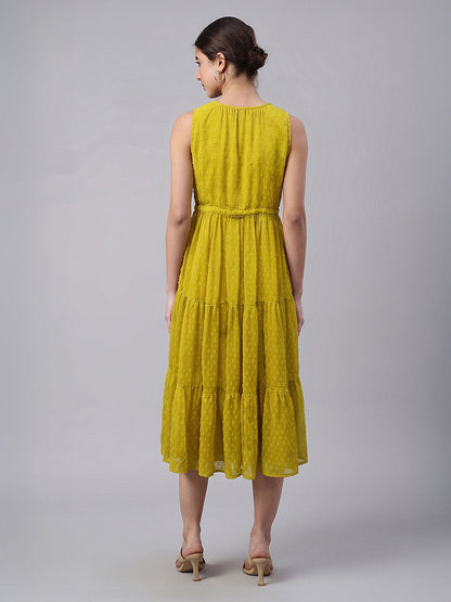 Janasya Women's Lime Dobby Chiffon Solid Tiered Dress