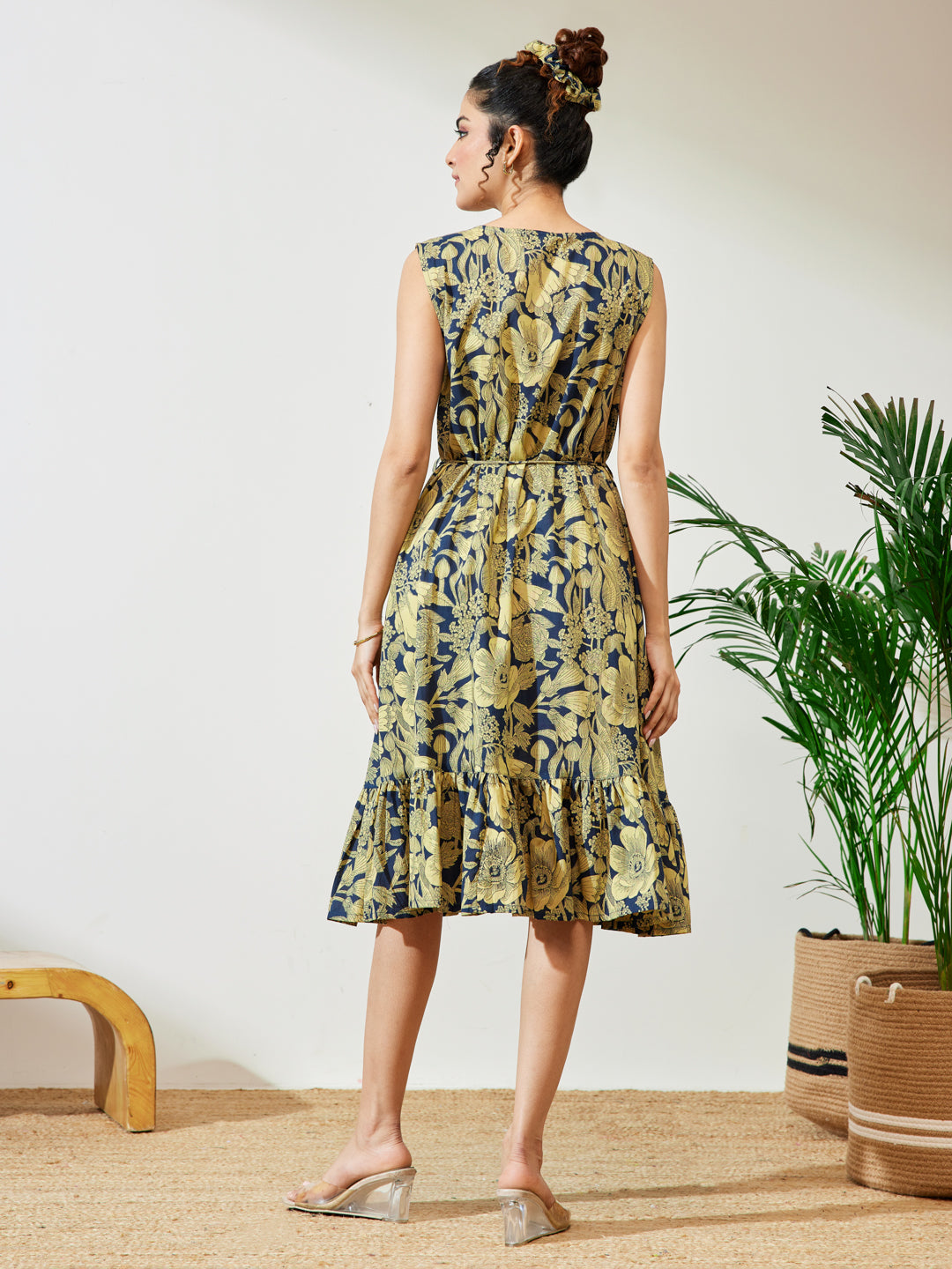 Janasya Women's Navy Blue Pure Cotton Floral Fit & Flare Dress