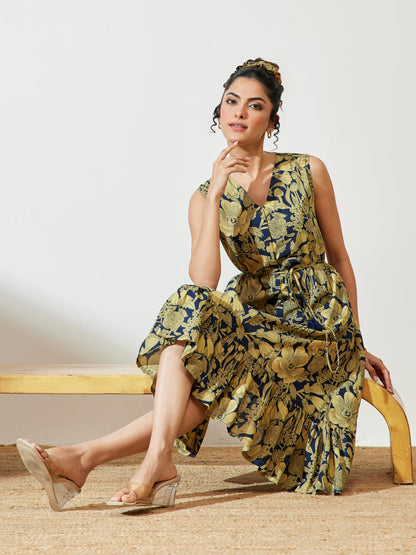 Janasya Women's Navy Blue Pure Cotton Floral Fit & Flare Dress