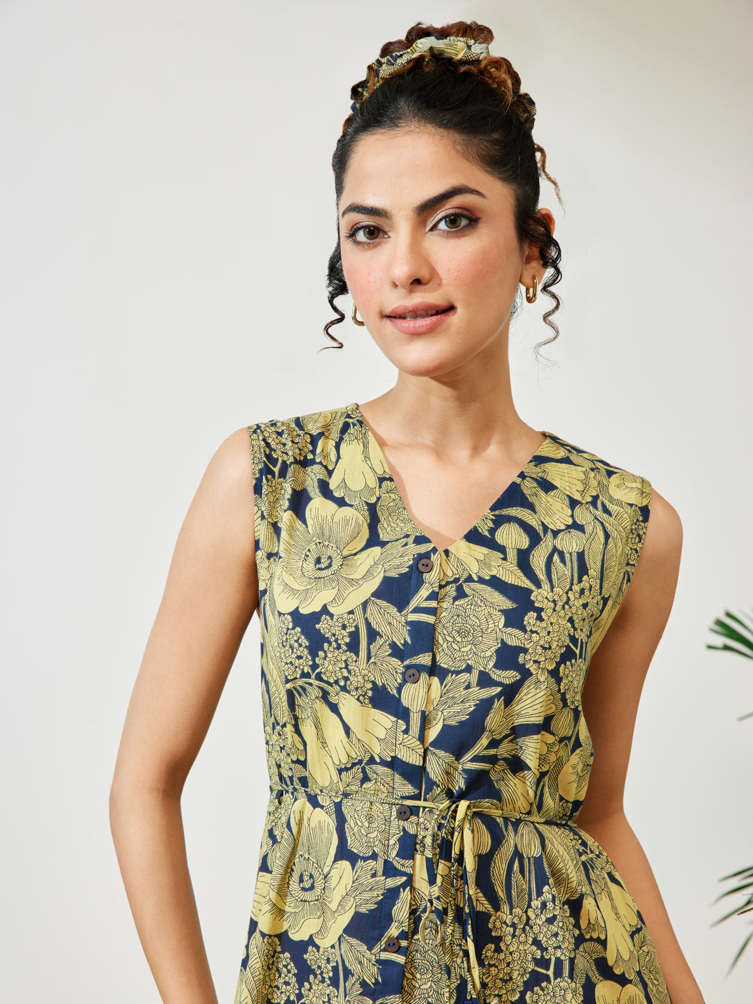Janasya Women's Navy Blue Pure Cotton Floral Fit & Flare Dress