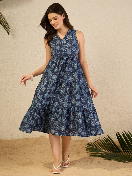 Janasya Women's Indigo Pure Cotton Geometric Printed Tiered Dress