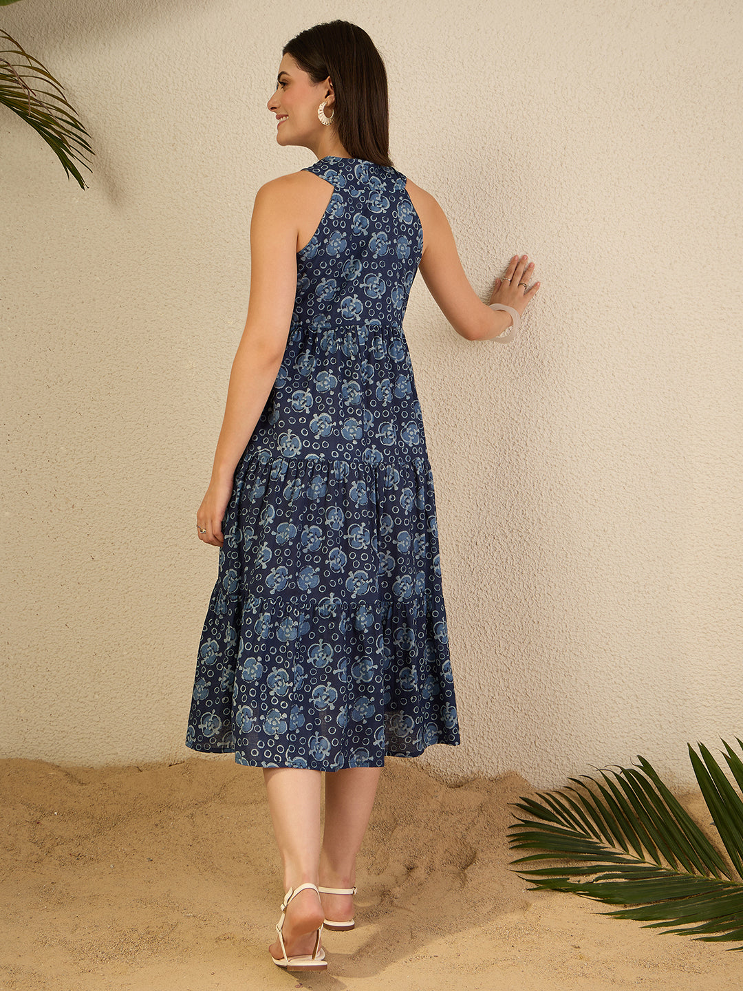 Janasya Women's Indigo Pure Cotton Geometric Printed Tiered Dress