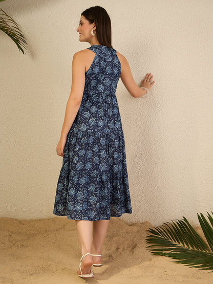 Janasya Women's Indigo Pure Cotton Geometric Printed Tiered Dress