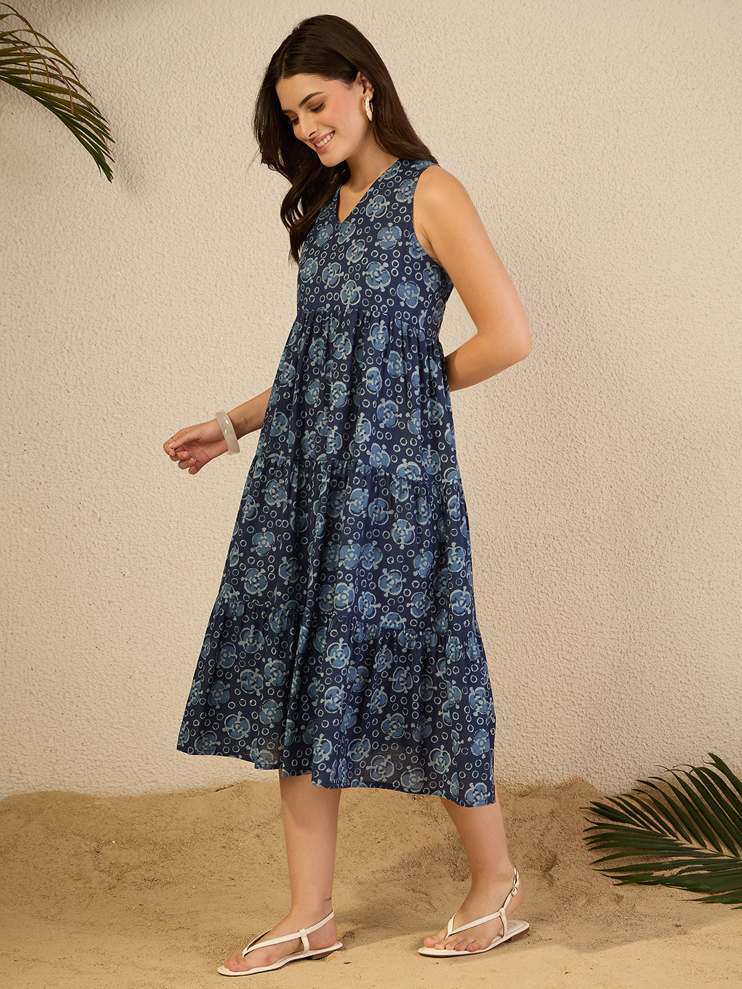Janasya Women's Indigo Pure Cotton Geometric Printed Tiered Dress
