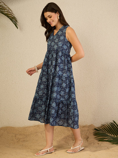 Janasya Women's Indigo Pure Cotton Geometric Printed Tiered Dress