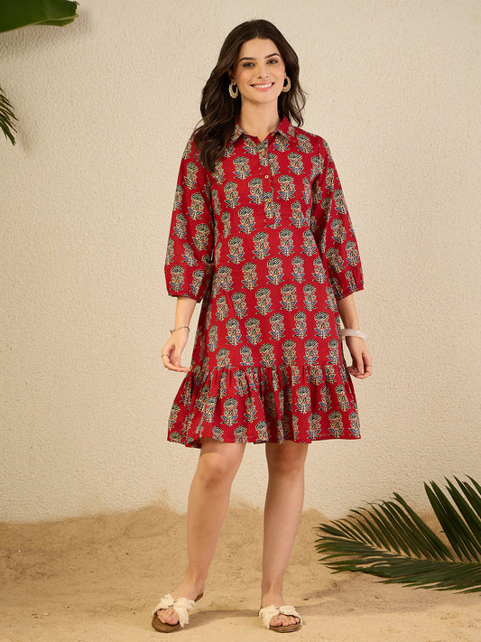 Janasya Women's Rust Pure Cotton Floral Printed A-Line Dress